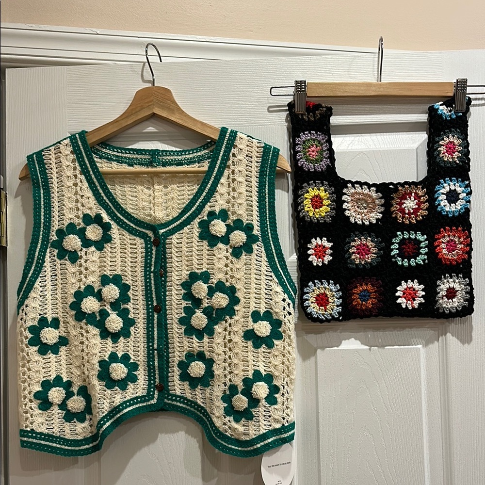 SHEIN Green and Cream Crochet Vest & Bag